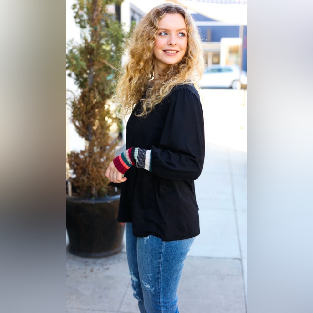 NWT Haptics BLACK MULTICOLOR STRIPE BANDED PUFF SLEEVE TOP - Picture 5 of 5